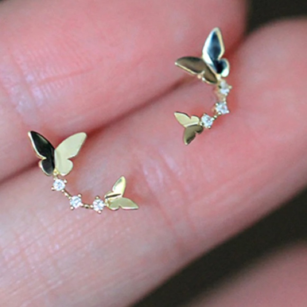 14K GOLD Ultra Delicate Dainty Butterflies Ear Climber Zirco MicroStud E… - Picture 14 of 16